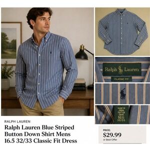Ralph Lauren Blue Striped Button Down Shirt Mens 16.5 32/33 Classic Fit Dress